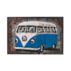 A rectangular 3D metal canvas wall art depicting a vintage blue and white Volkswagen van, shown against a plain white background.