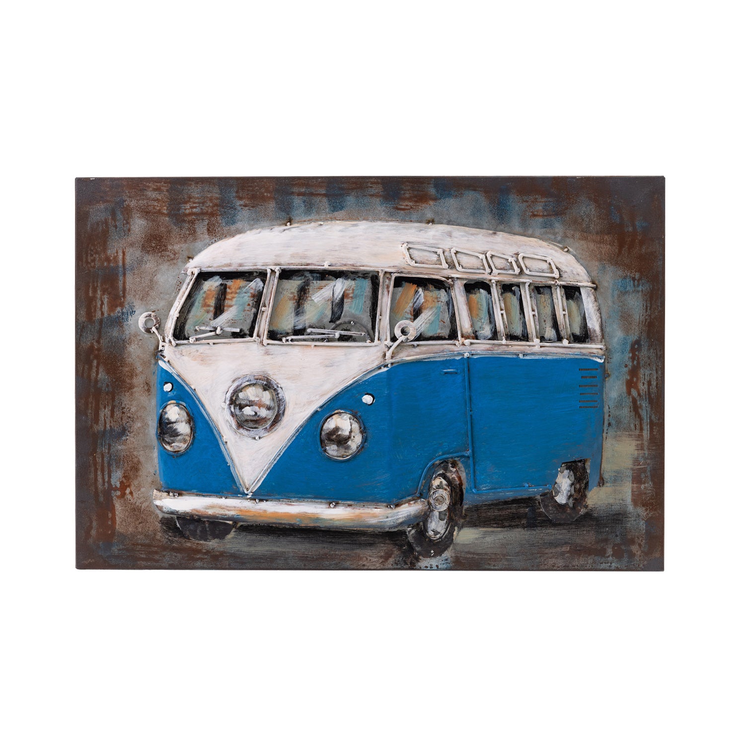 A rectangular 3D metal canvas wall art depicting a vintage blue and white Volkswagen van, shown against a plain white background.