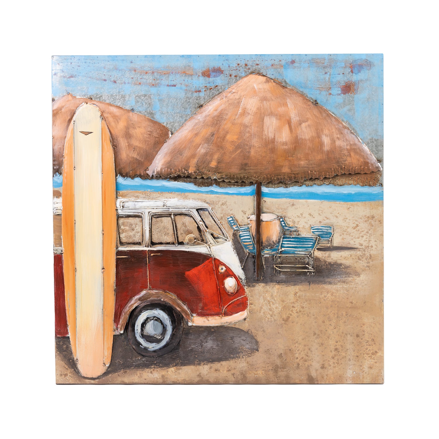 A retro beach scene featuring a classic red and white van, surfboard, beach umbrellas and deck chairs with layered 3D metal detailing.