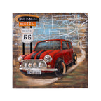 A square canvas wall art print depicting a red vintage Mini Cooper with black racing stripes on a rustic Route 66 background, complete with a Buckaroo's Motel sign and Route 66 shield sign.