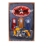A rectangular vintage-style wall art featuring a painted motorcycle in front of three gas pumps, with a large oval sign at the top reading “Last Stop Full Service Gasoline.” The artwork fills most of the sign, and the sign itself is shown against a plain white background.