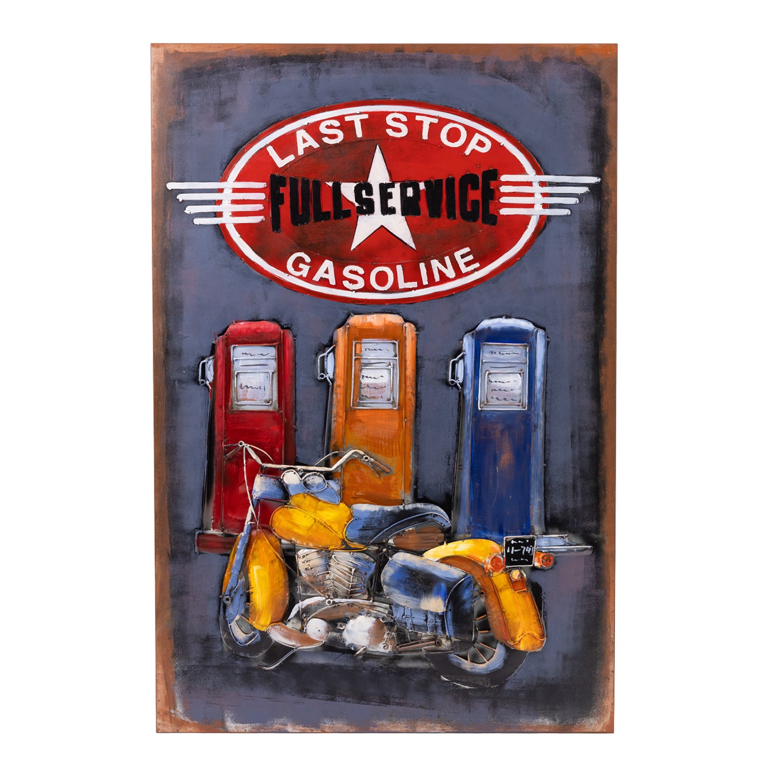 A rectangular vintage-style wall art featuring a painted motorcycle in front of three gas pumps, with a large oval sign at the top reading “Last Stop Full Service Gasoline.” The artwork fills most of the sign, and the sign itself is shown against a plain white background.