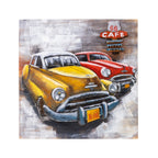 A square wall art depicting two vintage cars, with a Route 66 Cafe sign on the right. The artwork is presented on a clean white background.