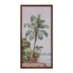 Cove Solitaire Palm Oasis Wall Art in Green, featuring a tropical palm tree and coastal landscape in a brown rectangular frame.