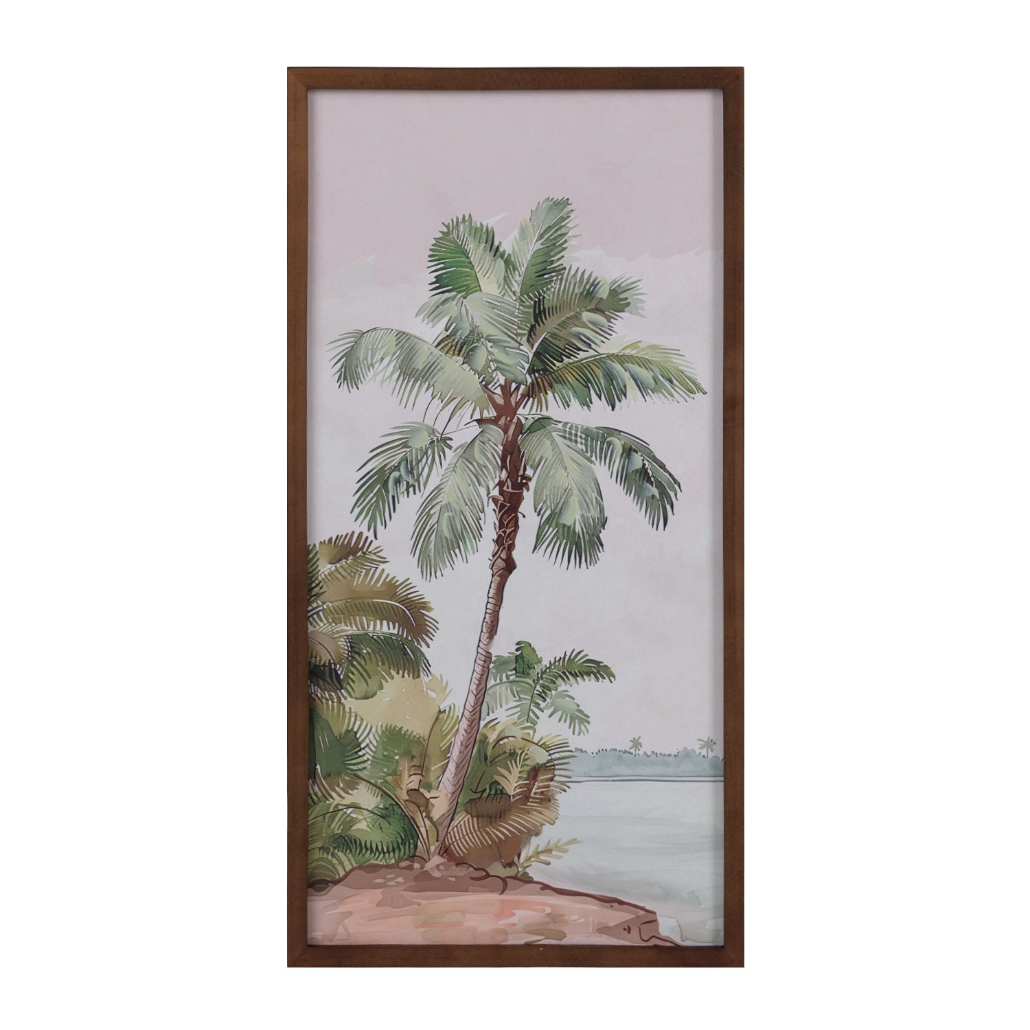 Cove Solitaire Palm Oasis Wall Art in Green, featuring a tropical palm tree and coastal landscape in a brown rectangular frame.