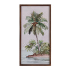 Cove Island Palm Oasis Wall Art in Green, featuring lush palm trees beside calm water in a brown rectangular frame.