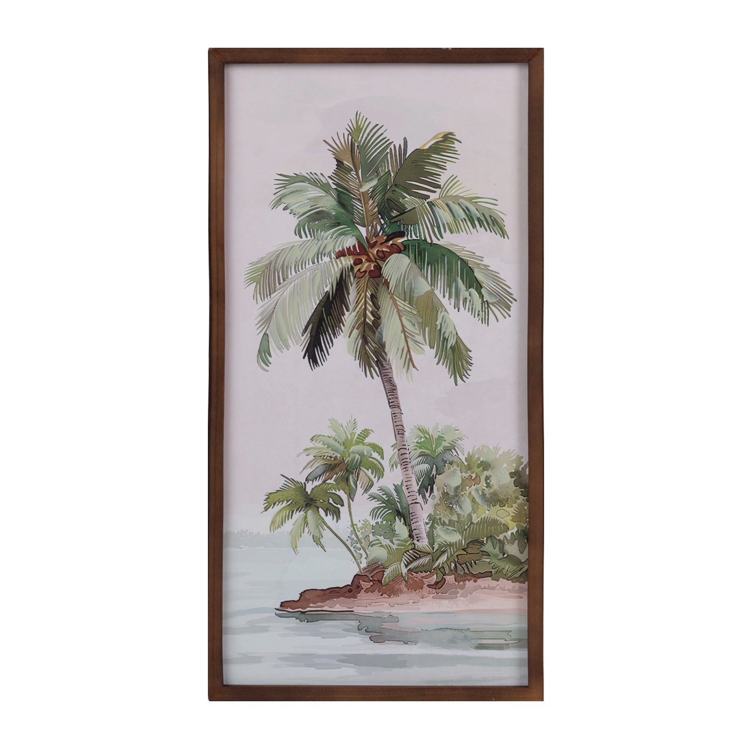 Cove Island Palm Oasis Wall Art in Green, featuring lush palm trees beside calm water in a brown rectangular frame.