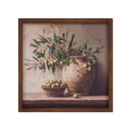 Gracious Living Olive Branches Wall Art in Green, featuring olive branches arranged in a rustic vase with olives in a bowl, finished with a brown frame.