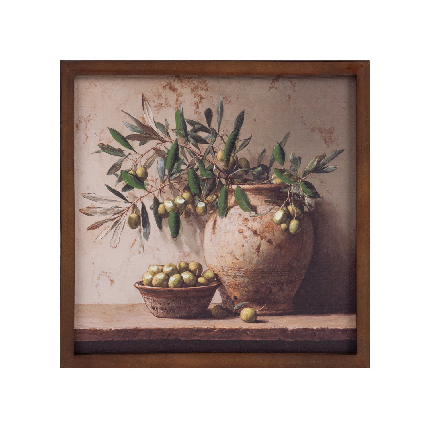 Gracious Living Olive Branches Wall Art in Green, featuring olive branches arranged in a rustic vase with olives in a bowl, finished with a brown frame.
