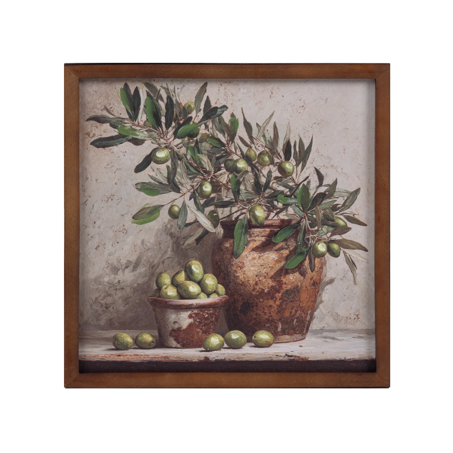 Gracious Living Olive & Branch in Vase Wall Art in Green, featuring olive branches and green olives arranged in rustic pottery with a brown frame.