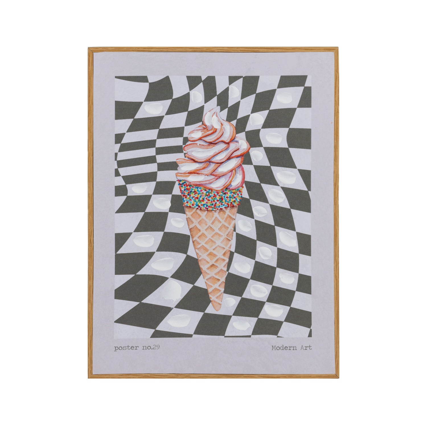 Marlo Sprinkles & Ice Cream Wall Art in Multi Coloured, featuring a sprinkle-covered ice cream cone against a black and white checkerboard design in a natural-look frame.