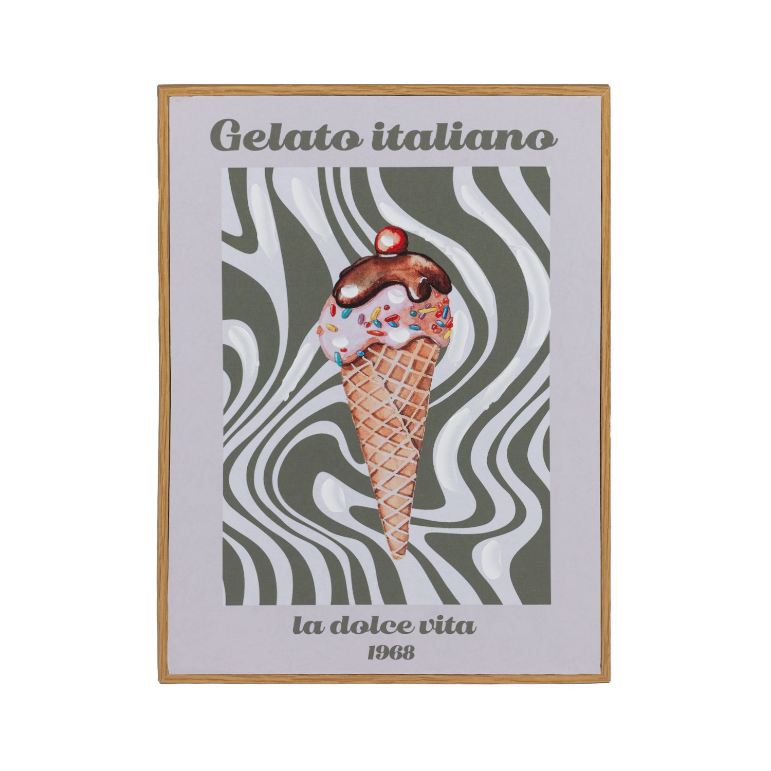 Marlo La Dolce Vita Wall Art in Multi Coloured, featuring a decorated ice cream cone against a wavy black and white background with “Gelato italiano” and “la dolce vita 1968” text.