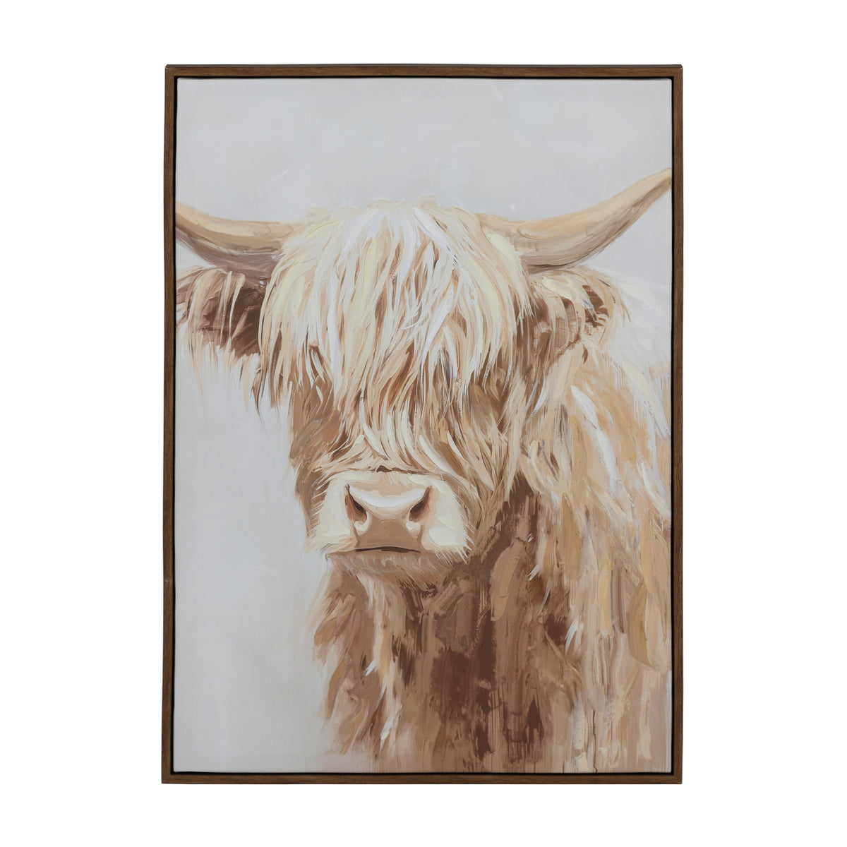 Design Republique Bailey Cow Canvas Wall Art in Light Brown, featuring a Highland cow portrait in layered cream and brown tones with a dark wood-look frame.