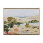 Design Republique Down Country Canvas Wall Art in Multi Coloured, featuring a softly painted countryside landscape with rolling hills, greenery and muted earthy tones, finished with a wood-look frame.