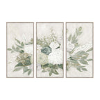 Gracious Living Still Life Framed Canvas 3 Piece in Green/White, featuring a coordinating botanical floral triptych in soft green, white and neutral tones with light wood-look frames.