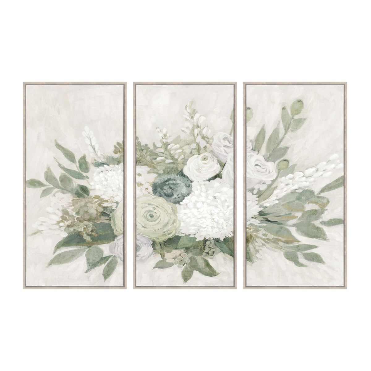 Gracious Living Still Life Framed Canvas 3 Piece in Green/White, featuring a coordinating botanical floral triptych in soft green, white and neutral tones with light wood-look frames.