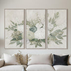 Lifestyle image showing the Gracious Living Still Life Framed Canvas 3 Piece displayed together above a neutral sofa.