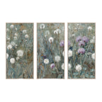Gracious Living Pretty Wild Framed Canvas 3 Piece in Multi Coloured, featuring a coordinating floral triptych with dandelions and purple blooms against a textured green-grey background.