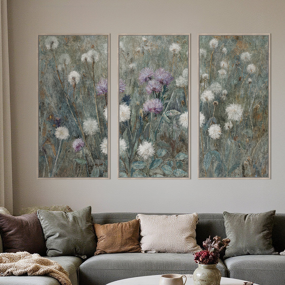 Lifestyle image showing the Gracious Living Pretty Wild Framed Canvas 3 Piece displayed together above a sofa in a softly styled living room.