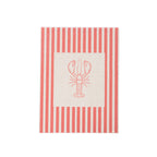 A textile wall art featuring a red and off-white vertical stripe pattern with a central square containing a red lobster illustration.