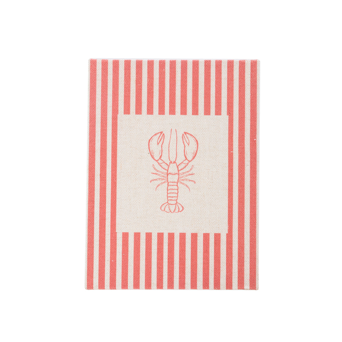 A textile wall art featuring a red and off-white vertical stripe pattern with a central square containing a red lobster illustration.