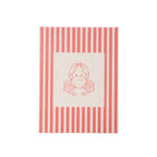 A textile wall art featuring a red and off-white vertical stripe pattern with a central square containing a red crab illustration.