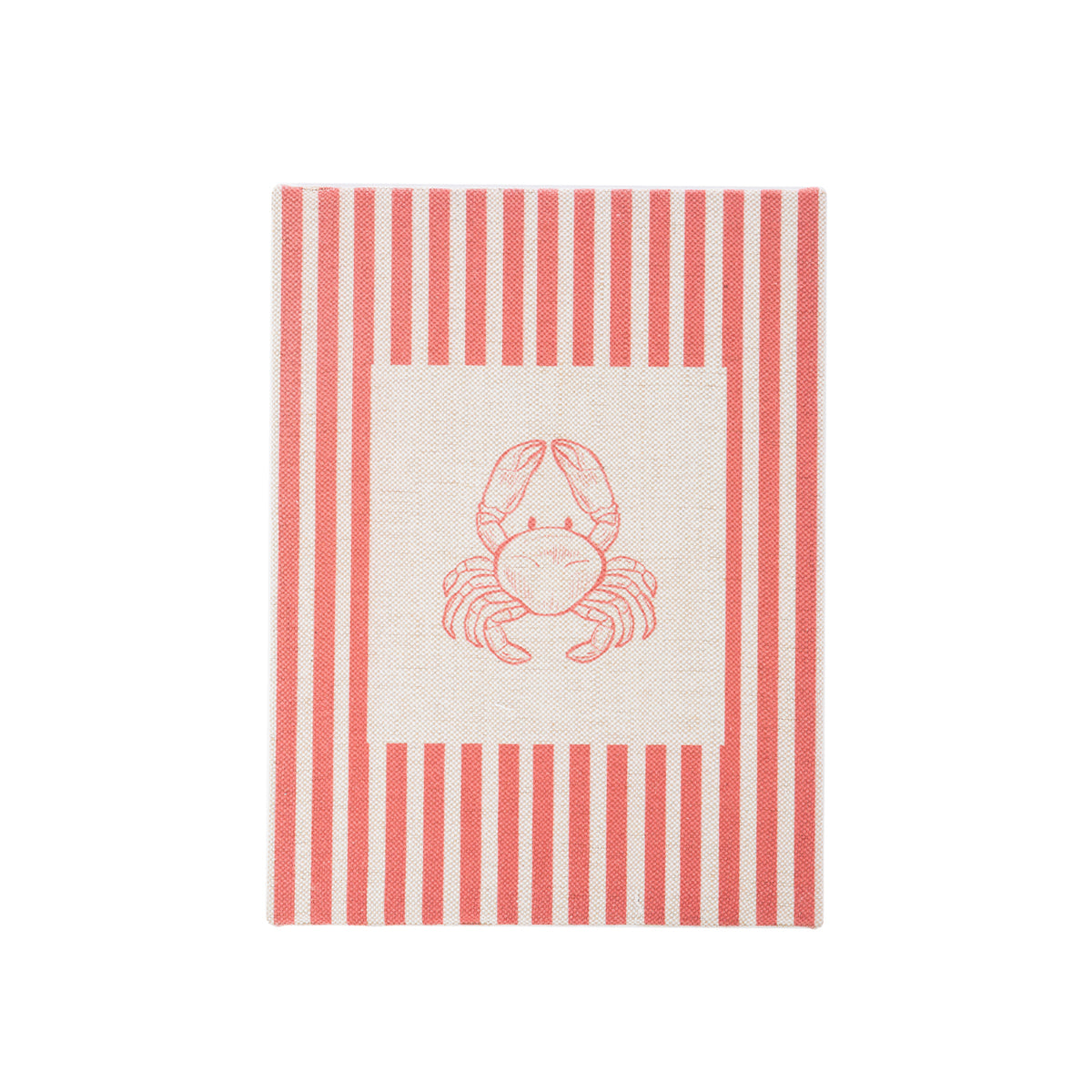 A textile wall art featuring a red and off-white vertical stripe pattern with a central square containing a red crab illustration.