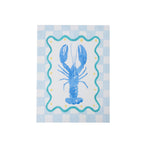 A rectangular canvas wall art featuring a blue lobster illustration in the center, surrounded by a scalloped teal border and a light blue and white checkered pattern background.