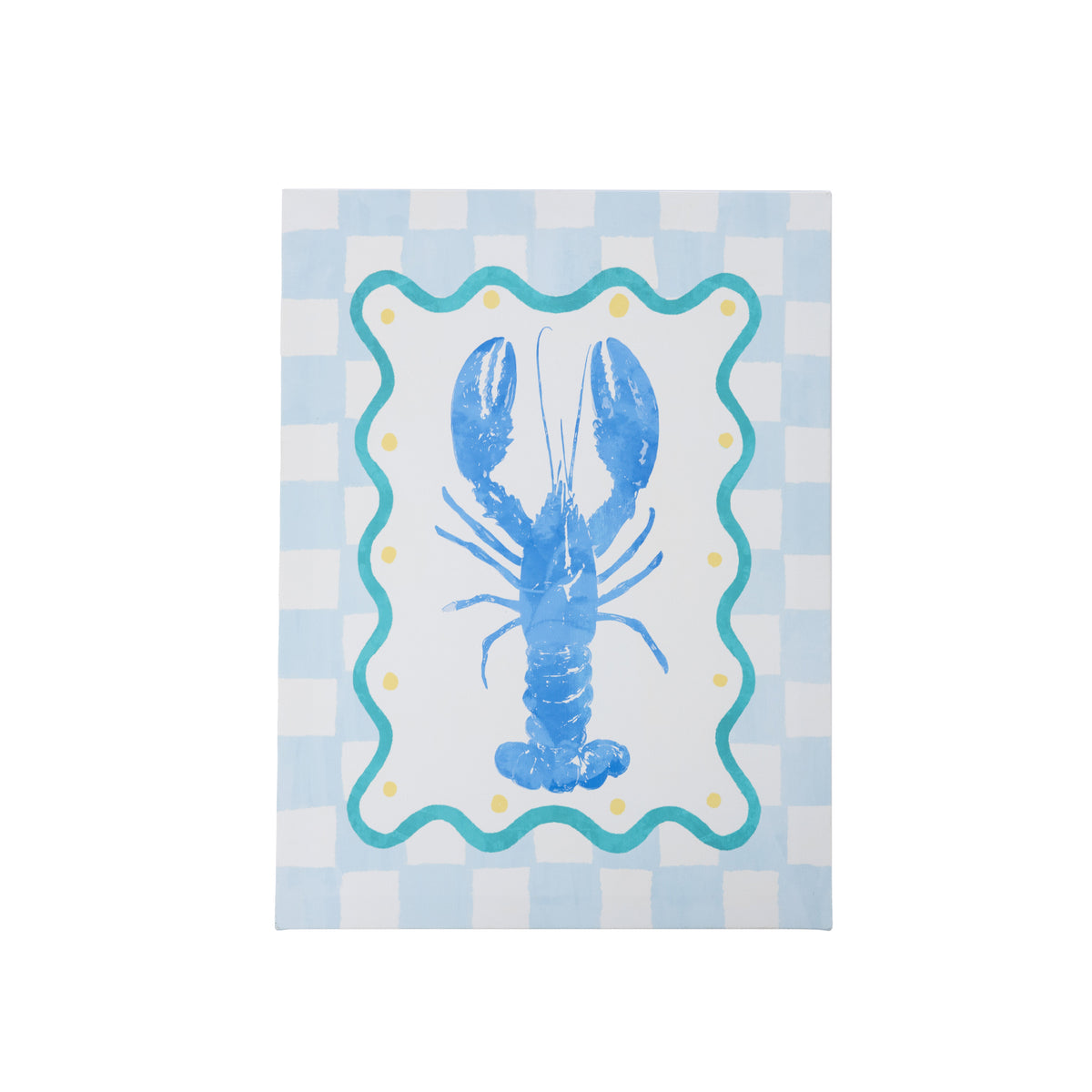 A rectangular canvas wall art featuring a blue lobster illustration in the center, surrounded by a scalloped teal border and a light blue and white checkered pattern background.