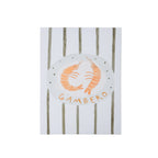 A playful canvas wall art featuring two illustrated prawns in warm orange tones, set against a striped neutral background with “Gambero” lettering.