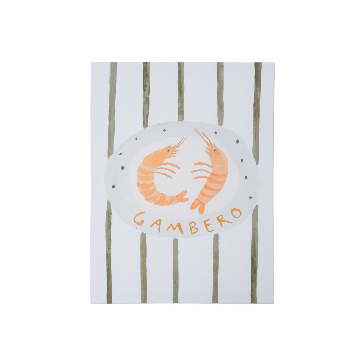A playful canvas wall art featuring two illustrated prawns in warm orange tones, set against a striped neutral background with “Gambero” lettering.