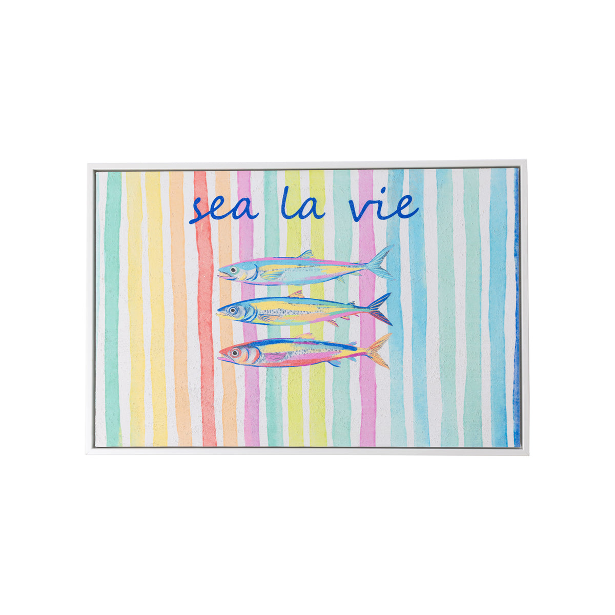 A framed art print featuring the phrase 'sea la vie' in blue script above 3 colourful striped fish, set against a background of pastel vertical stripes in pink, yellow, green, blue, and orange.