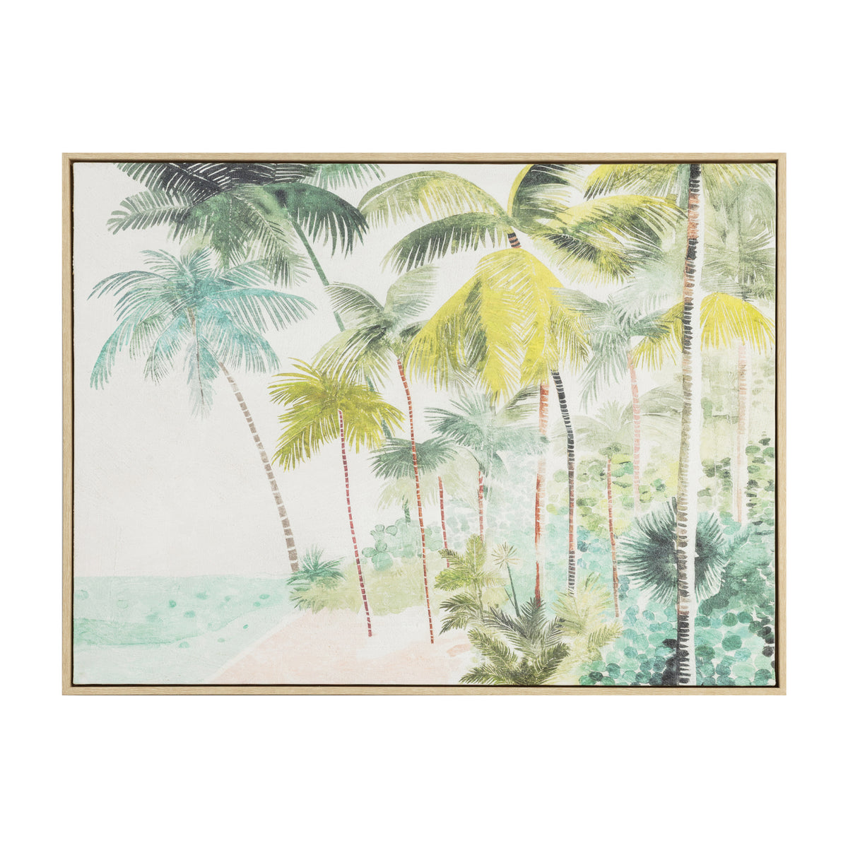 A framed tropical beach scene art print featuring green and yellow palm trees, a sandy shore, and a light blue ocean under a pale sky, enclosed in a thin light wood frame.