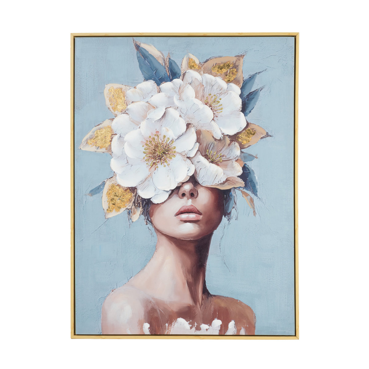 A canvas wall art featuring an elegant portrait adorned with oversized white florals and deep blue foliage, this striking design combines soft painterly details with touches of gold for an elevated finish. A serene blue background and slim frame complete the look.