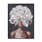 A framed art print featuring a portrait of a woman with a giant white peony flower blooming from her head, set against a dark gray background.