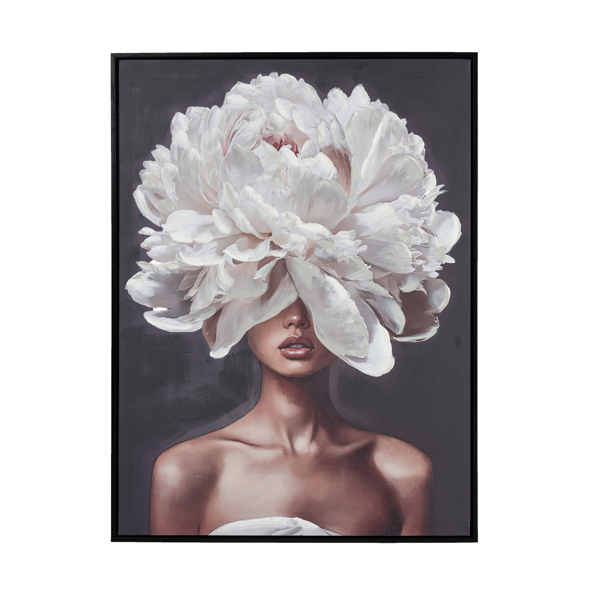 A framed art print featuring a portrait of a woman with a giant white peony flower blooming from her head, set against a dark gray background.