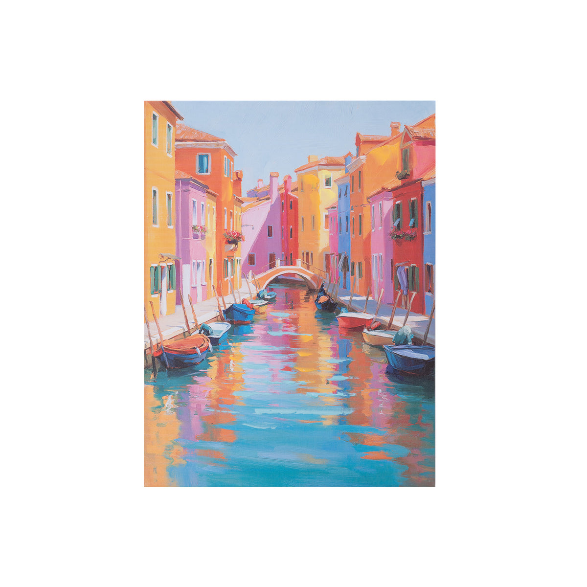 A colorful painting of a Venice canal scene with bright buildings in pink, orange, yellow, and purple, boats moored along the water, and reflections in the canal, shown centered on a white background.