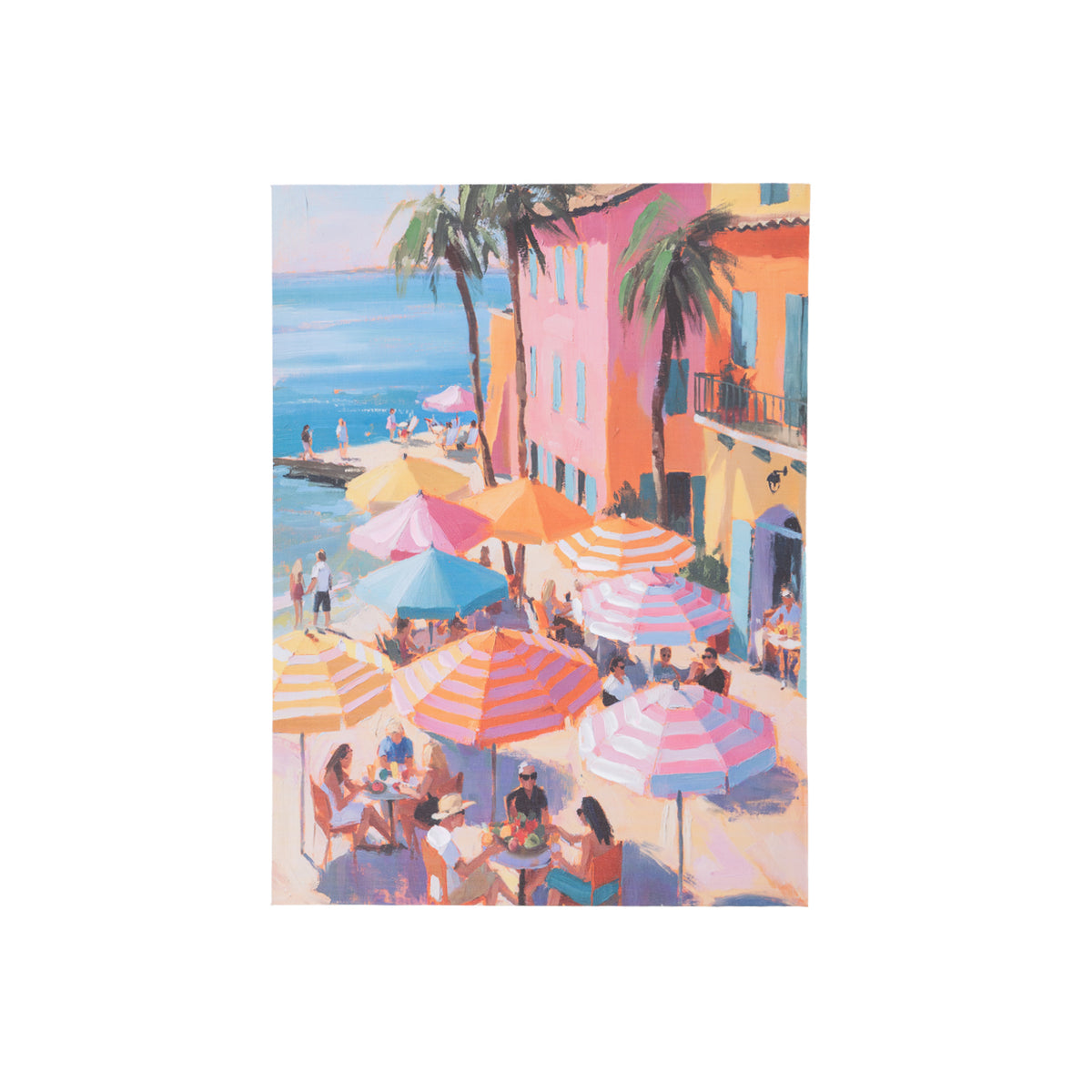 A canvas featuring a lively seaside dining scene with colourful striped umbrellas, palm trees and sun-drenched buildings overlooking sparkling blue water.
