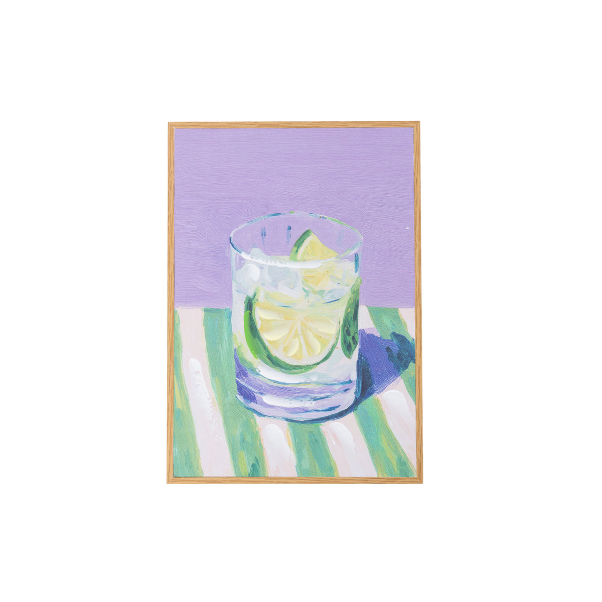 A framed painting of a glass of a gin & tonic with a lemon slice, set against a lavender background and green-and-white striped table, shown on a plain white background.