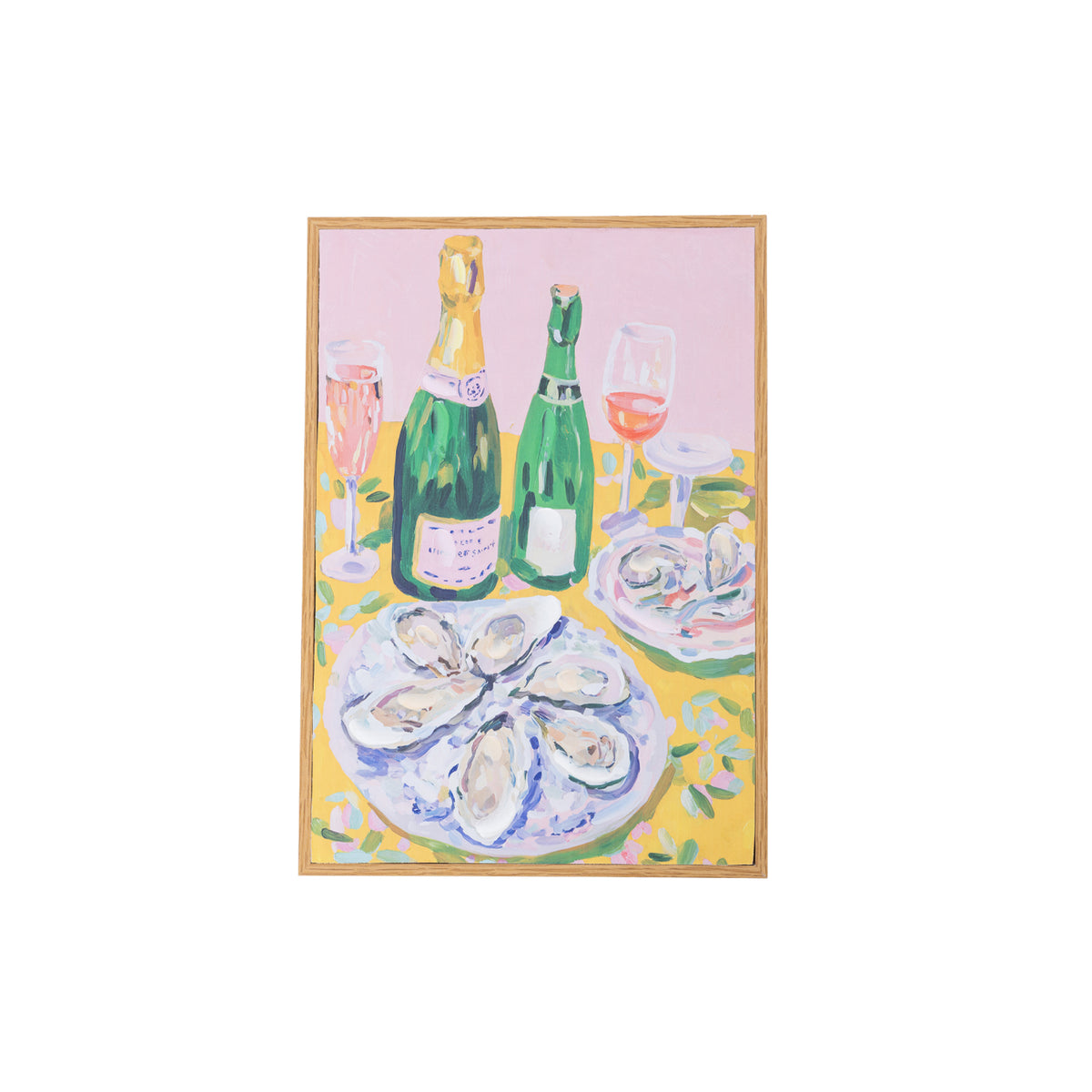 A framed painting of an oyster platter with drinks