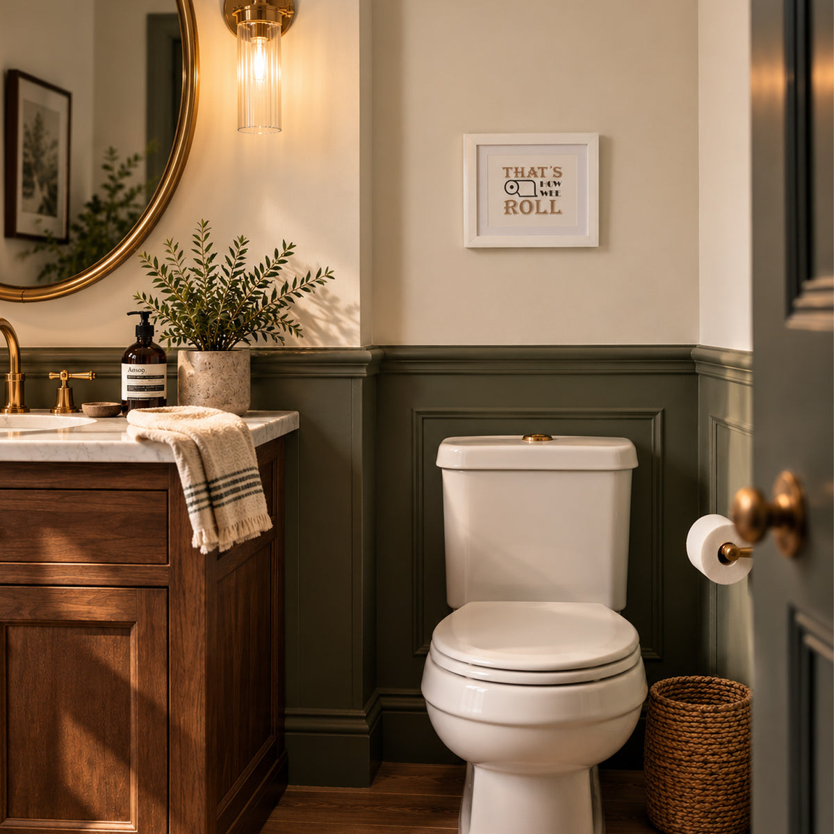 A styled bathroom interior featuring a white toilet, dark green wainscoting, a wooden vanity, a round mirror, and a small framed wall print that reads 'THAT'S ON THE ROLL'.