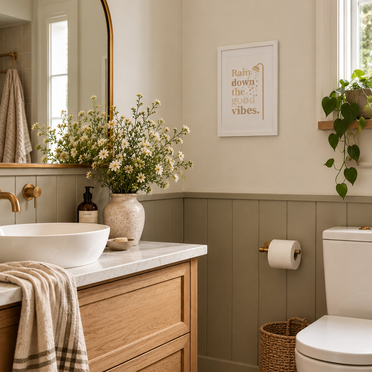 A styled bathroom interior with a white vessel sink, marble countertop, wooden vanity, framed wall art reading 'Rain down the global vibes,' wainscoting, a toilet, and decorative flowers and greenery.