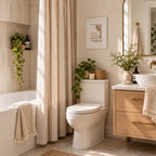 A bright, modern bathroom with a white toilet, beige textured shower curtain, light wood vanity, and a framed print on the wall.