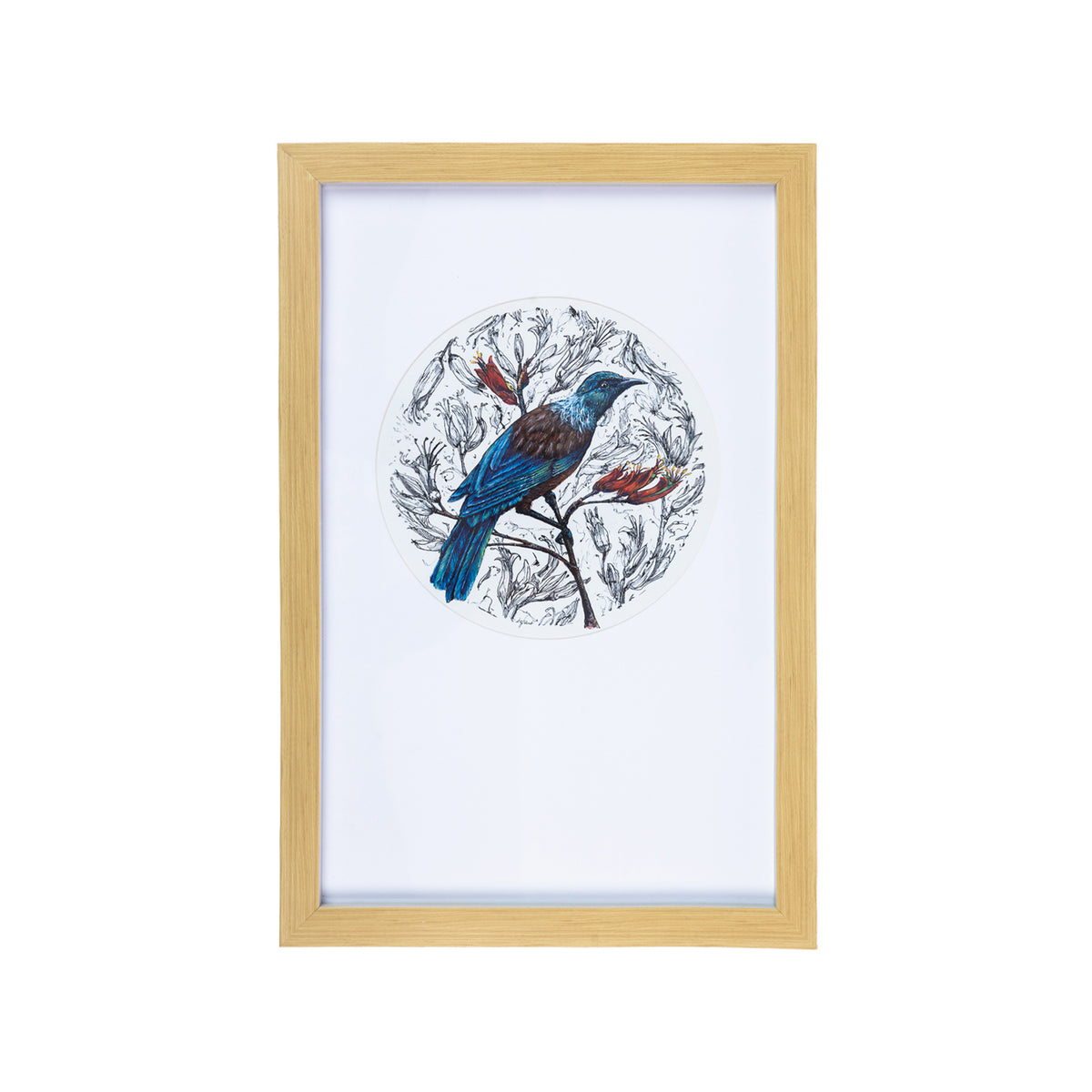 Rectangular wall art with a natural wood-look frame, featuring a vibrant blue and brown Tui perched amongst detailed black and white Harakeke flowers with touches of red, displayed in a circular design on a white background.
