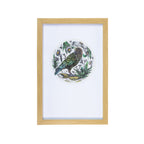 Rectangular wall art with a natural wood-look frame, featuring a colourful green Kea surrounded by detailed mountain daisies and native foliage in a circular botanical design on a white background.