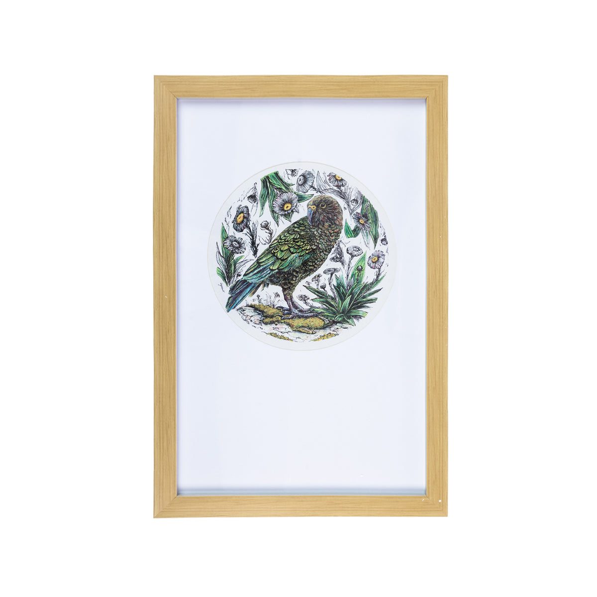 Rectangular wall art with a natural wood-look frame, featuring a colourful green Kea surrounded by detailed mountain daisies and native foliage in a circular botanical design on a white background.