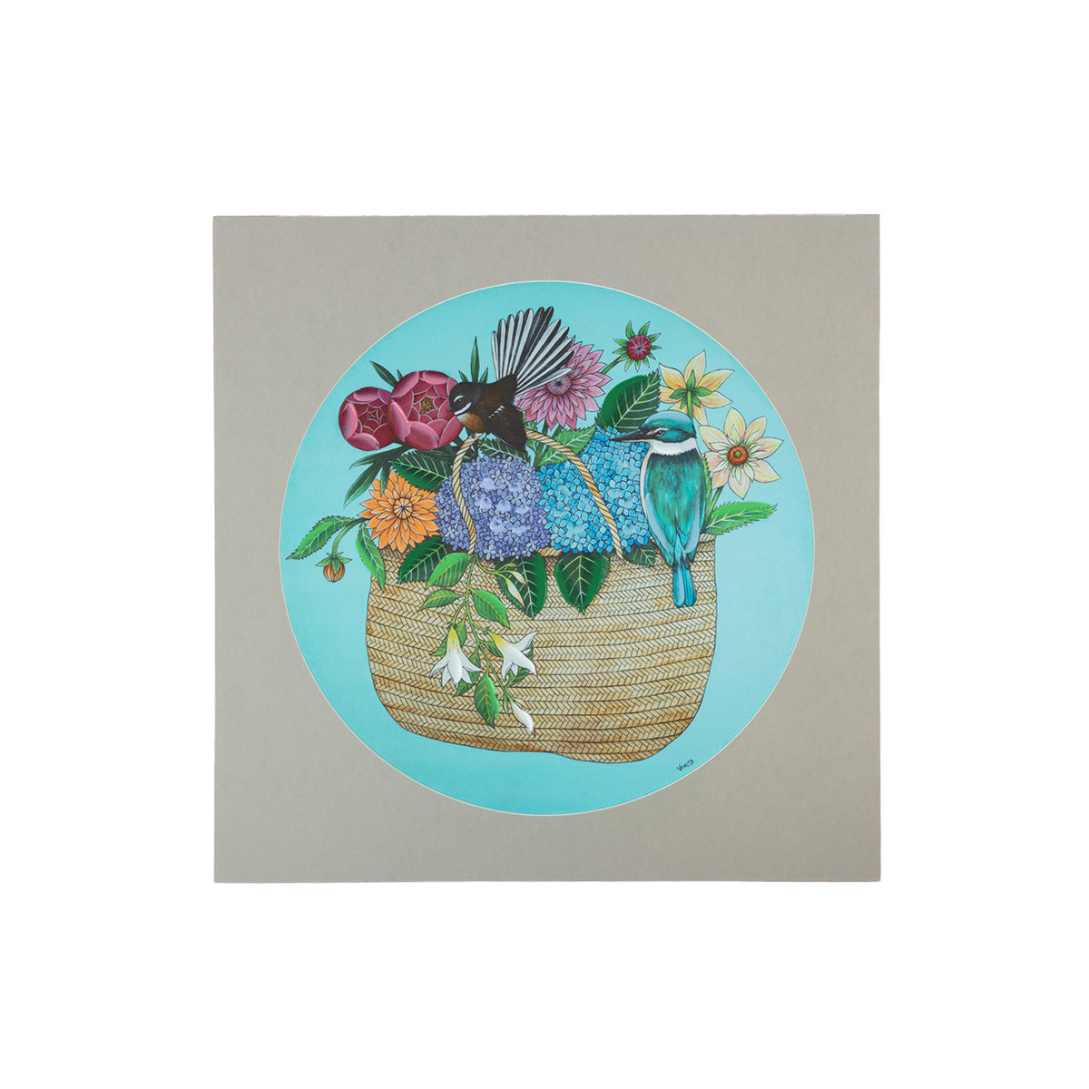 Square wall art featuring a woven Kete filled with lush green native foliage, delicate flowers and a decorative blue Paua shell, set against a black circular background with a deep green square border.