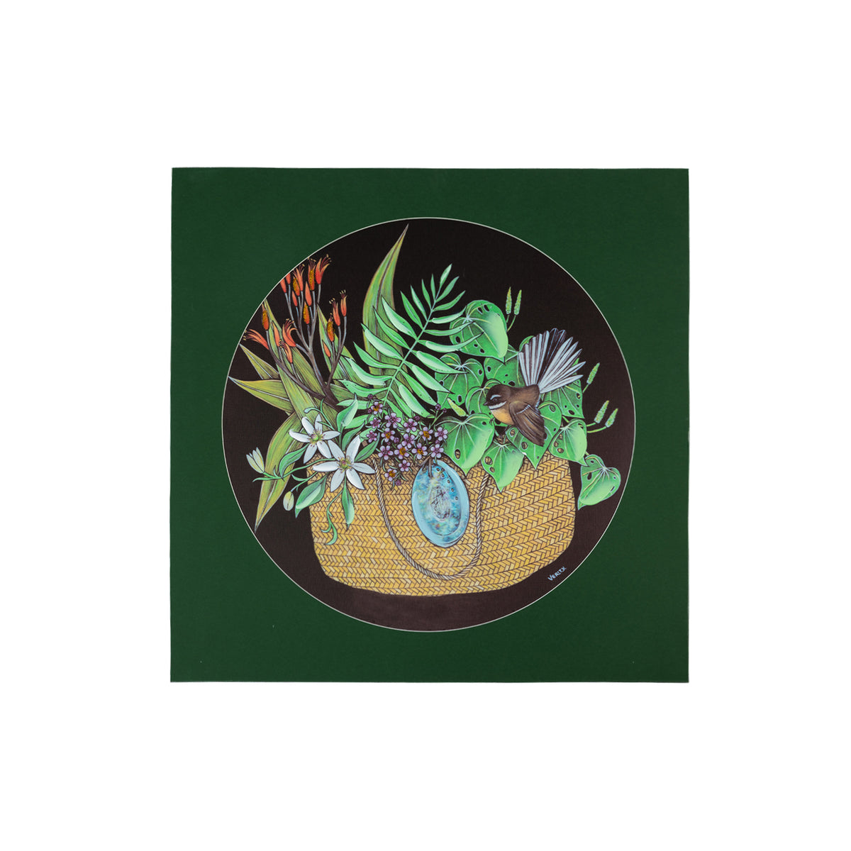 Square wall art featuring a woven Kete filled with vibrant pink, orange, purple and blue flowers, accompanied by a Piwakawaka and a colourful blue Kingfisher, set against a bright turquoise circular background with a soft grey border.
