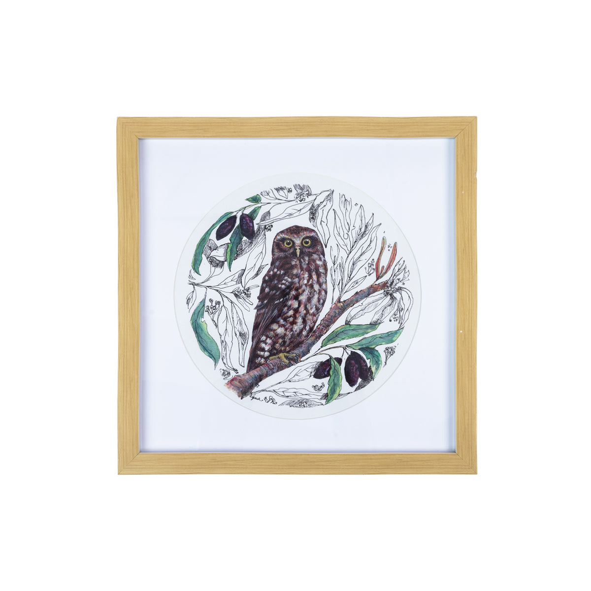 Square wall art with a natural wood-look frame, featuring a detailed brown Ruru perched on a branch amongst native Miro leaves and berries, surrounded by delicate black and white botanical illustrations in a circular design on a white background.