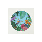 Square wall art featuring colourful New Zealand native birds, including a Tui and Piwakawaka, surrounded by lush tropical green foliage, vibrant orange lilies and pink and purple flowers, set against a bright blue circular background with a white border.